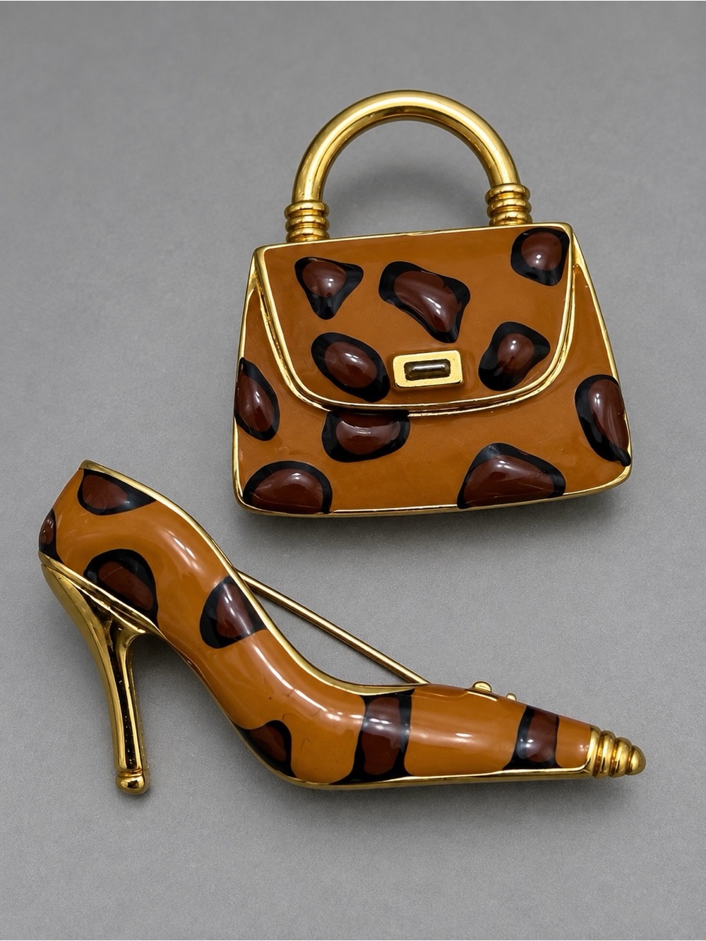 Brown Leopard Print Handbag and Heel Brooch Set #cz211
